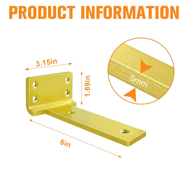 Aunulahca Floating Shelf Bracket 6inch 8 Pack L Brackets for Shelves Gold Metal Heavy Duty Shelf Brackets for DIY Decorative with Mounting Hardware - Image 4